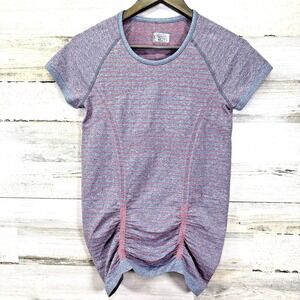 Athleta Womens Gray FAST TRACK Striped Ruched Bottom Stretch Tee T Shirt Size M